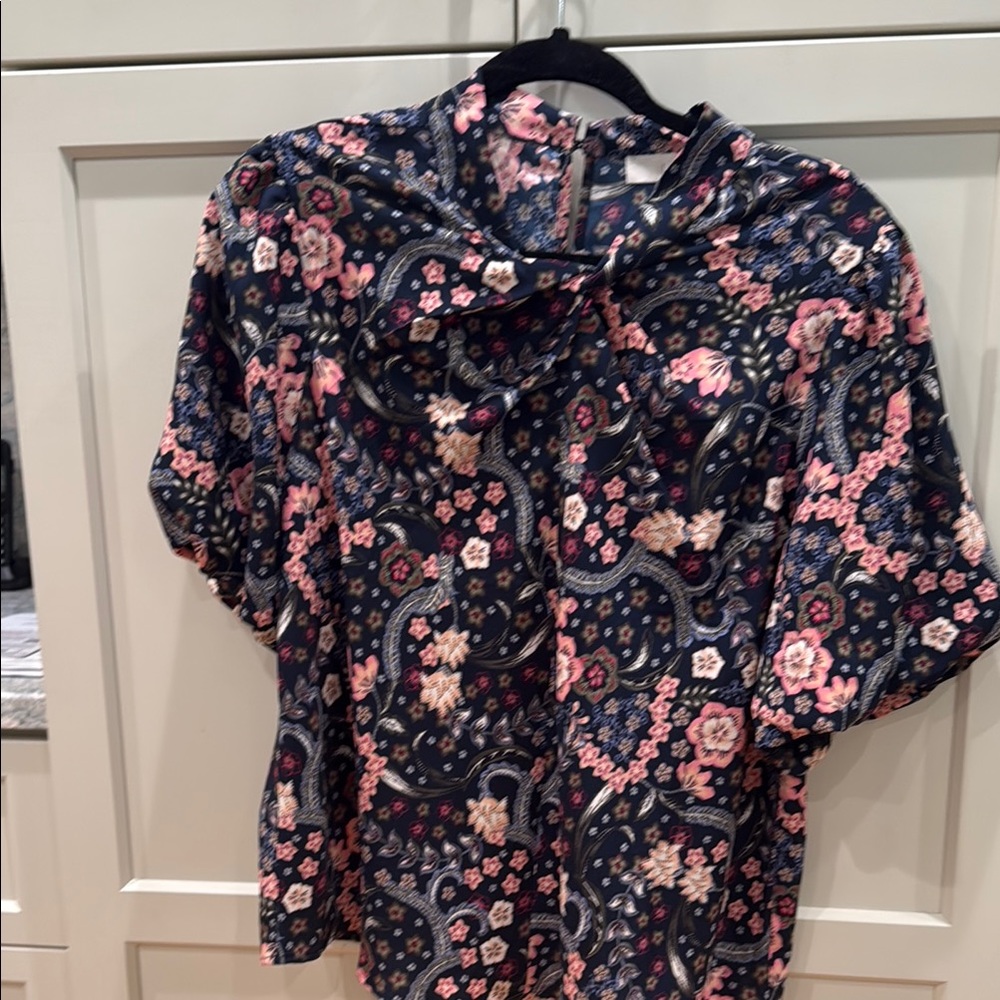 LOFT Blue Graphic Blouse with Sailor Collar